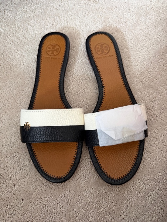 Tory Burch Shoes - Tory Burch Black and White Leather Slide Sandals